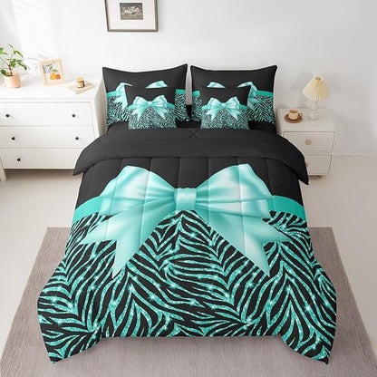 Feelyou Teal Bowknot 7 Piece Bedding Set Full Size Glitter Print Comforter Set with Sheets for Kids Girls Adult Cute Bowknot Bed in a Bag Black Silver Bed Set