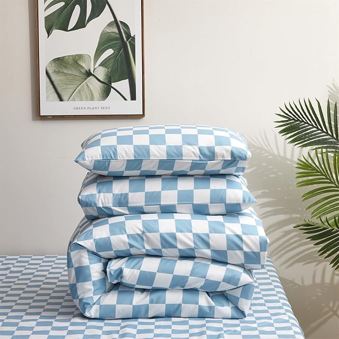 KAREVER Blue White Grid Comforter Set Full Blue Plaid Bedding Set Girls Blue White Checkered Bed Blanket Set Kids Durable Breathable Bedding Comforter Set
