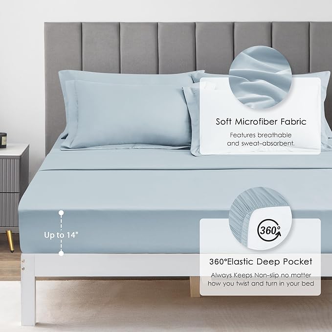 Love's cabin Queen Comforter Set Light Blue, 7 Pieces Queen Bed in a Bag, All Season Bedding Sets with 1 Comforter, 1 Flat Sheet, 1 Fitted Sheet, 2 Pillowcase and 2 Pillow Sham