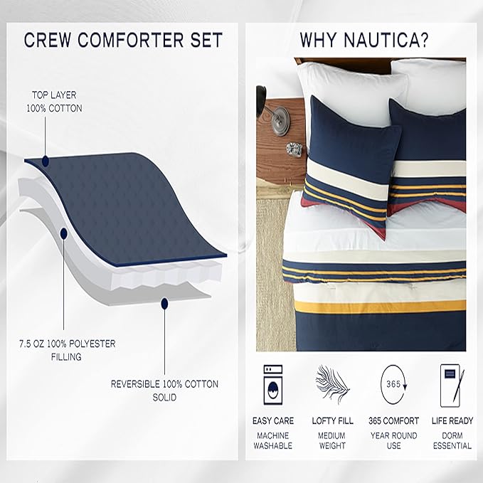 Nautica- Queen Comforter Set, Cotton Reversible Bedding Set, All Season Designer Home Décor (Lawndale Grey, Queen)