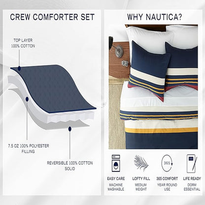 Nautica- Queen Comforter Set, Cotton Reversible Bedding Set, All Season Designer Home Décor (Lawndale Grey, Queen)