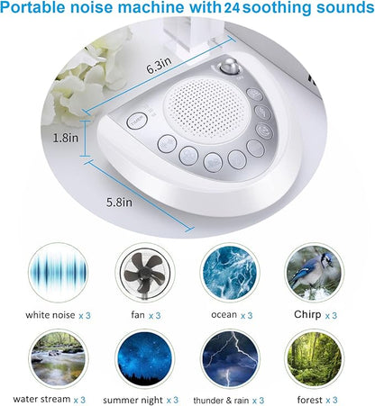 Raynic White Noise Machine, Battery Powered Sound Machine, Portable Sleep Machine with 24 Natural Soothing Sounds, Timer, USB Port, Headphone Jack for Baby, Kids, Adults, Travel, Office, Home (Silver)