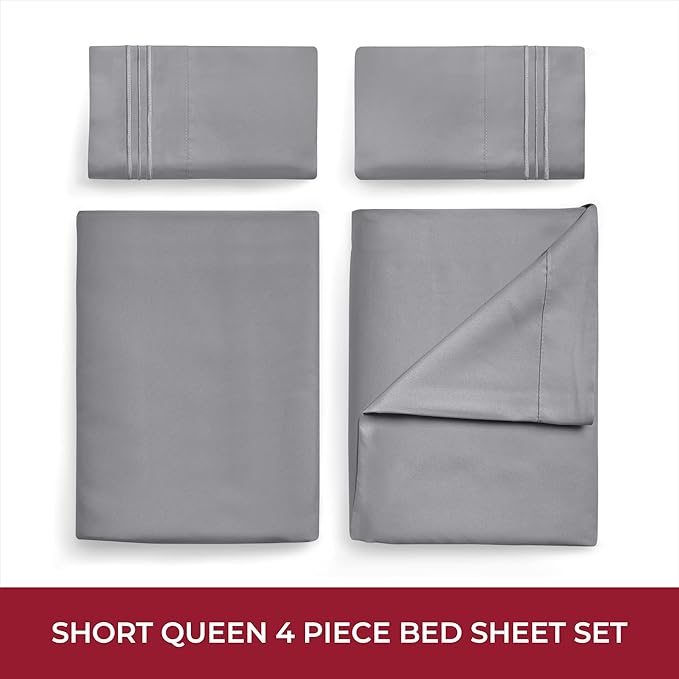 Mellanni RV Short Queen Sheets - 4 PC Iconic Collection Bedding - Hotel Luxury, Extra Soft, Cooling Bed Sheets - Deep Pocket up to 10 inch (RV/Short Queen, Gray)