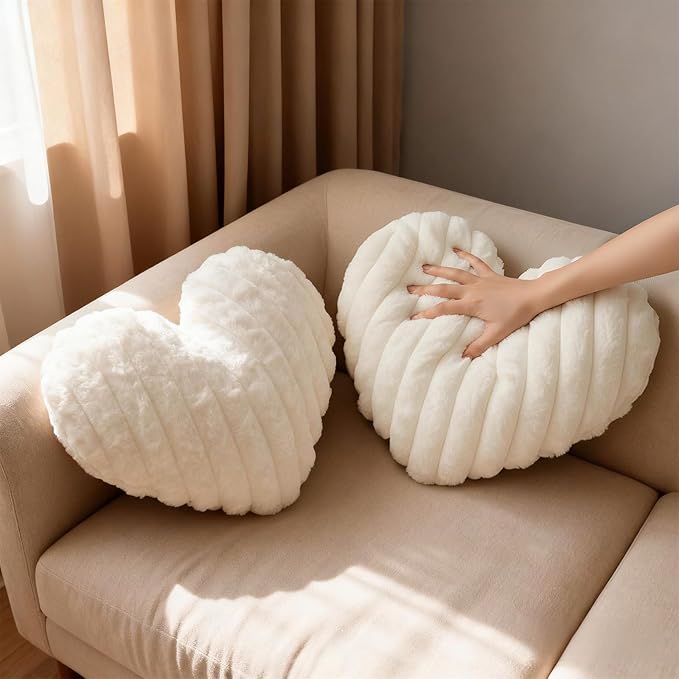 2 Pcs White Heart Throw Pillows, 16 Inch Soft Fluffy Heart-Shaped Comfort Pillows with Calming Texture, Hug Pressure for Relaxing Moments, Ideal for Sofa, Reading, and Naps (White)