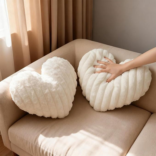 2 Pcs White Heart Throw Pillows, 16 Inch Soft Fluffy Heart-Shaped Comfort Pillows with Calming Texture, Hug Pressure for Relaxing Moments, Ideal for Sofa, Reading, and Naps (White)