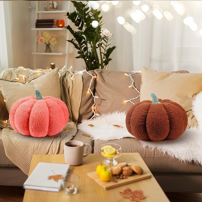 Kajaia 2 Pcs Pumpkin Pillow Plush 11 x 9.5 Inch 3D Cushion Fall Decorations Simulated Stuffed Throw Pillows for Halloween Thanksgiving Bedroom Sofa Couch Supplies (Orange,Brown)