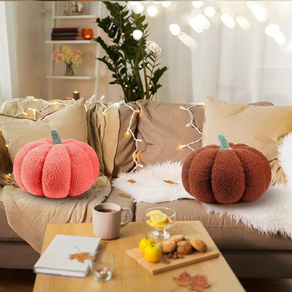 Kajaia 2 Pcs Pumpkin Pillow Plush 11 x 9.5 Inch 3D Cushion Fall Decorations Simulated Stuffed Throw Pillows for Halloween Thanksgiving Bedroom Sofa Couch Supplies (Orange,Brown)