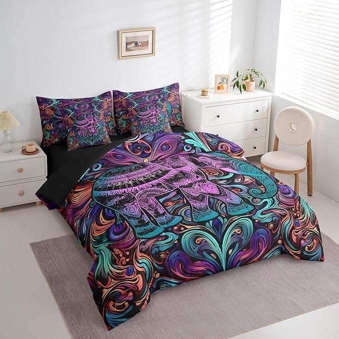 Erosebridal Elephant Twin Comforter Set 7-Piece African Animal Theme Bedding Comforter Sets Purple Gradient Bed in a Bag Tribal Paisley Bedding Set Jungle Wildlife Bed Sheets Set Elephant Decor