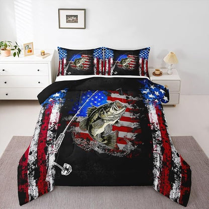 Big Pike Fish Bedding,American Flag Grunge Stripes Print Comforter Set Bass Fishing Comforter Set,Small Fish Pattern Hunting and Fishing Duvet Insert Farmhouse Decor Quilt with 1 Pillowcase Twin
