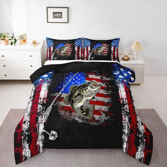 Big Pike Fish Bedding, American Flag Grunge Stripes Print Comforter Set Bass Fishing Comforter Set, Small Fish Pattern Hunting and Fishing Duvet Insert Farmhouse Decor Quilt with 2 Pillowcases Full