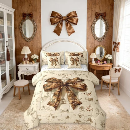 Erosebridal Brown Bowknot Bed in A Bag Queen | Coquette Decor Bohemian 7 Piece Comforter Set Western Cowboy Sheet Set Reversible Hippie Pastoral Style Fitted Sheet Breathable Lightweight