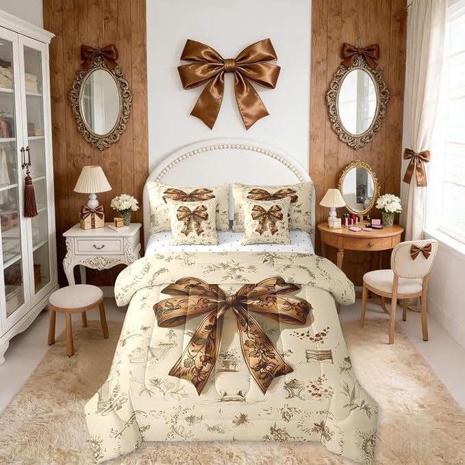 Erosebridal Brown Bowknot Bed in A Bag Full | Coquette Decor Bohemian 7 Piece Comforter Set Western Cowboy Sheet Set Reversible Hippie Pastoral Style Fitted Sheet Breathable Lightweight