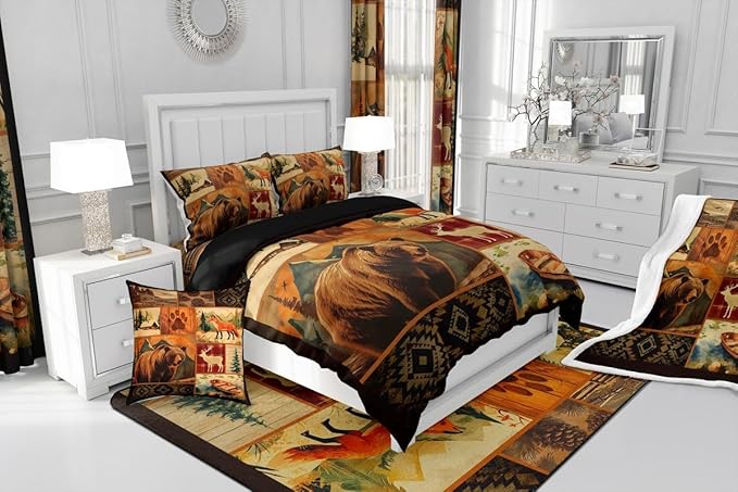 Feelyou Western Rustic Bear Comforter Set Twin Western Rustic Cabin Bedding Forest Animal Comforter Elk Wildlife Hunting Down Bear Deer Fox Patchwork Quilt Set Nordic Bedroom Decor