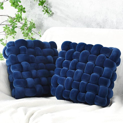 Wenqik 2 Pcs Knot Pillows Square Knotted Plush Throws Soft Accent Pillows Decoration Cushion for Couch Home Office Living Room Bedroom Bed Sofa Decor, 12'' x 13''(Navy Blue,Crystal Velvet)