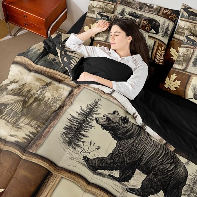 Erosebridal Hunting Bear Deer Bedding Set (Full Size,7 Pieces) | Rustic Cabin Lodge Comforter Set with Sheets Country Patchwork Plaid Bed in A Bag Rural Maple Bear Paw Print Quilt Duvet Insert