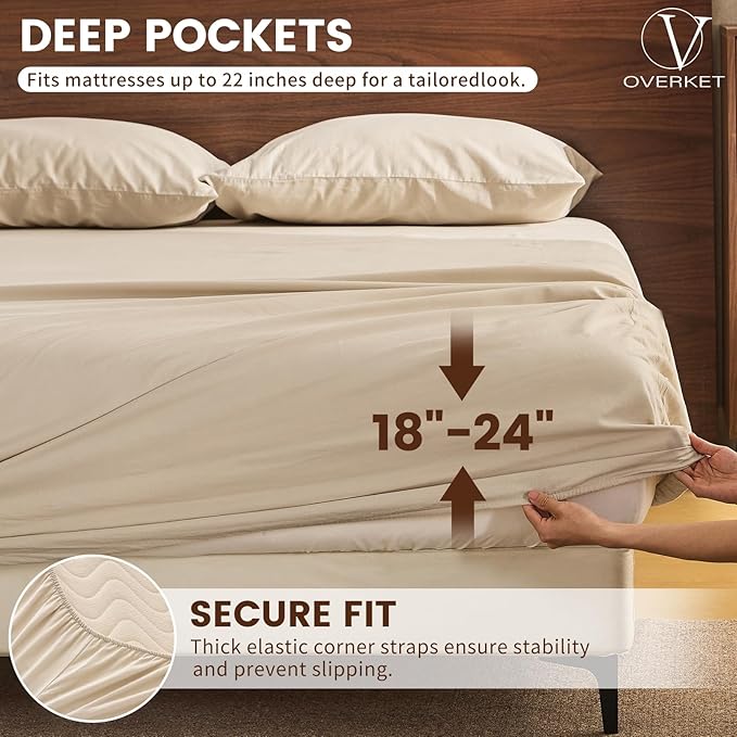 100% Linen Sheet Set Queen Size Extra Deep Pocket Fits 18-24 Inch Mattress, Breathable & Soft, Smooth 6-Piece Set for Thick Mattresses Hotel Luxury Bedding（Queen, Linen）