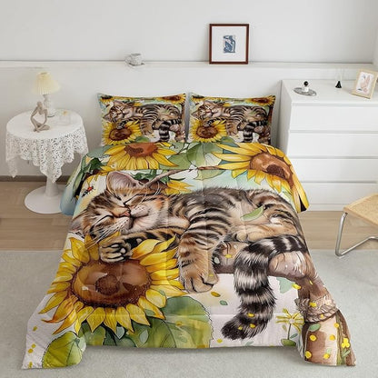 Erosebridal Kids Cute Cat Comforter Set Queen Rustic Sunflower Bedding Set for Boys Girls Farmhouse Flowers Cat Bedding Comforter Sets Retro Watercolor Blossom Floral Animal Bed Set Yellow Brown
