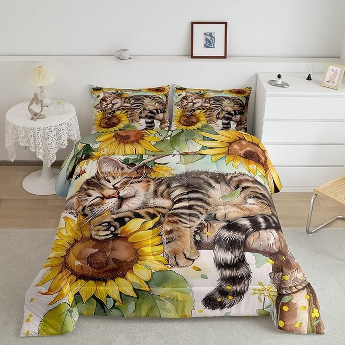 Erosebridal Kids Cute Cat Comforter Set King Rustic Sunflower Bedding Set for Boys Girls Farmhouse Flowers Cat Bedding Comforter Sets Retro Watercolor Blossom Floral Animal Bed Set Yellow Brown