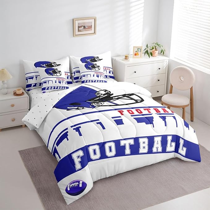 Erosebridal Football 7 Pcs Comforter Set King Football City Bedding for Kids Blue Grey Football Fans Sheet Set Bed in A Bag Rugby Game Bedroom Decor Sports Ball Competition Bed Set