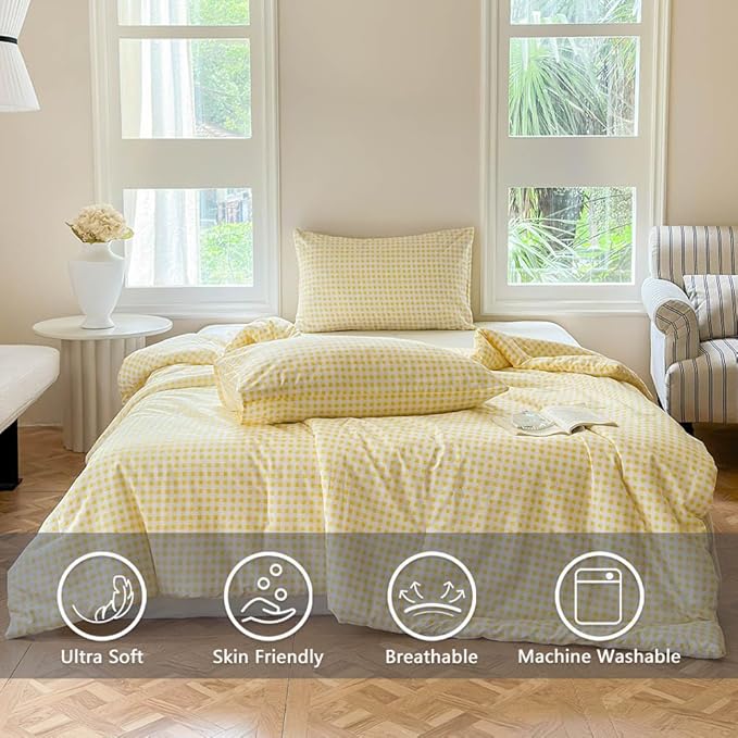 NSNLGSGC Yellow Gingham Cotton Comforter Set Twin, 100% Washed Cotton Plaid Checked Comforter Bedding, 2 Pieces Vintage Farmhouse Grid Bedding Set(Yellow Gingham, Twin)