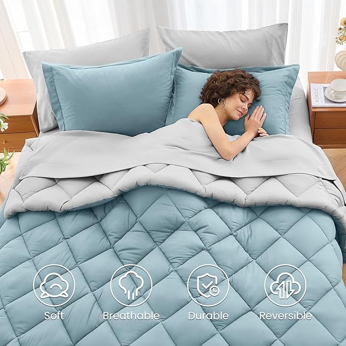 MUXHOMO 7 Pieces Full Comforter Set, Reversible Bed in a Bag Full Size, All Season Bedding Set with Comforter, Flat Sheet, Fitted Sheet, Pillowcases & Shams, Greyish Blue & Light Grey