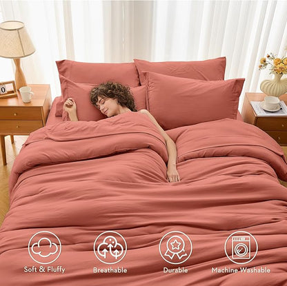 MUXHOMO 7 Pieces Full Comforter Set, Soft Bed in a Bag Full Size, All Season Bedding Set with Comforter, Flat Sheet, Fitted Sheet, Pillowcases & Shams, Coral Red