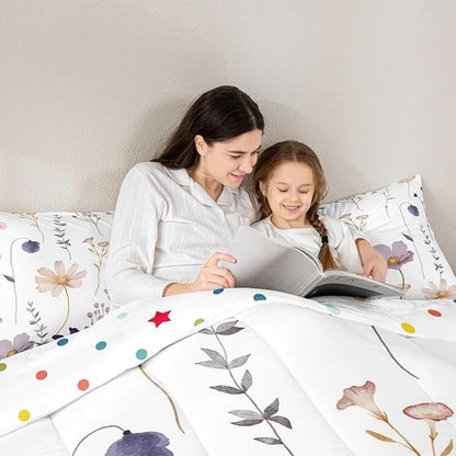 Erosebridal Watercolor Flower Bedding Set Twin, Plum Beige Floral Comforter Set for Teens Adult Women Bedroom, Modern Minimalist White Duvet Insert Branches Pastoral Down Comforter, 1 Pillow Case