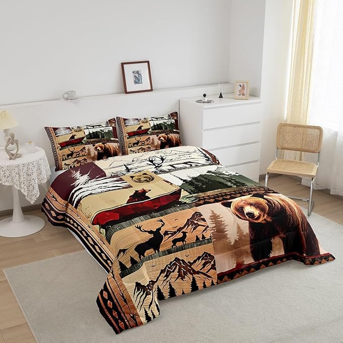 Feelyou Bear Bedding Set Farmhouse Wild Animals Comforter Set for Kids Boys Girls Cute Elk Print Comforter Western Cabin Patchwork Quilt Set Bedroom Collection 2Pcs Toddler Size