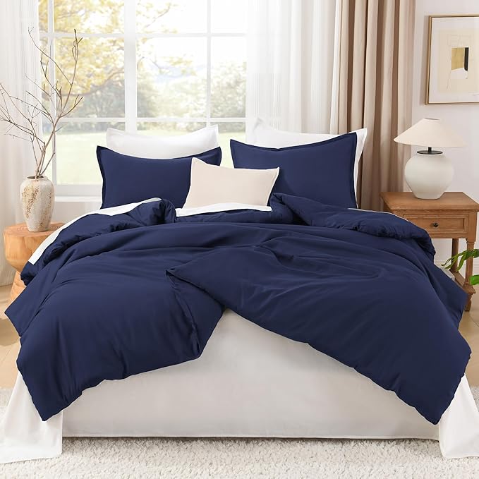 Litanika Navy Blue Comforter Set Queen Size, 3 Pieces Lightweight Solid Bedding Comforter Set, All Season Fluffy Down Alternative Bed Set (90x90In Comforter & 2 Pillowcases)