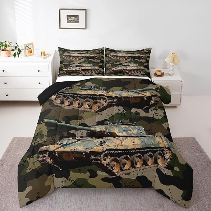 Erosebridal Boys Car Comforter Set Camouflage Tank Cannon Duvet Insert for Kids Children Military Vehicle Bedding Set Retro Camo Vintage Style Quilted Duvet 2Pcs with 1 Pillow Case Twin Size