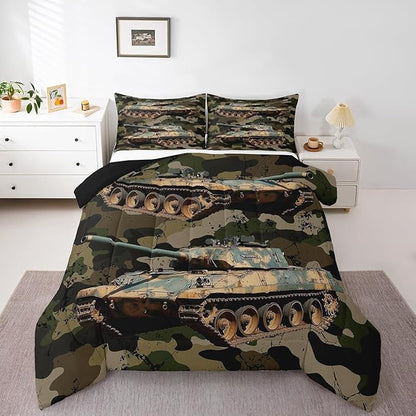 Erosebridal Boys Car Comforter Set Camouflage Tank Cannon Duvet Insert for Kids Children Military Vehicle Bedding Set Retro Camo Vintage Style Quilted Duvet 2Pcs with 1 Pillow Case Twin Size