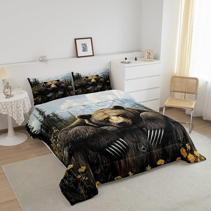 Feelyou Kids Bear Comforter Set Toddler Size Rustic Cabin Country Bedding Set for Boys Girls Wood Farmhouse Comforter Adult Duvet Set,1 Comforter+ 1 Pillow Shams,Brown Blue Yellow