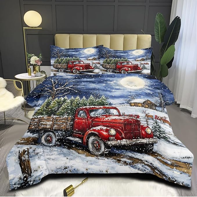 Red Truck Comforter Set Queen Size, Blue White Xtmas Trees Bedding Set for Kids Girls, Moon Snowflake Holiday Decor Comforter,3Pcs Soft Warm Bed Set with 2 Pillowcases(90 * 90)