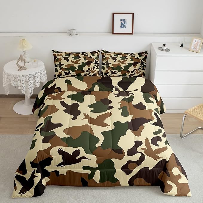 Erosebridal Duck Hunter Duvet Insert Toddler Size Camo Bedding for Kids Army Camouflage Hunting Bedding Comforter Sets Vintage Green Brown Bedroom Decor Wild Animal Duck Rustic Comforter Set