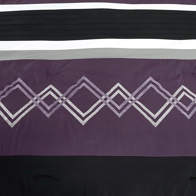 Chezmoi Collection Arden 7-Piece Modern Pleated Stripe Embroidered Zigzag Bedding Comforter Set (Oversized King, Purple/Black/Gray/White)