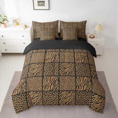 Brown Leopard Print Comforter Set 7 Pcs King,Cheetah Zebra Skin Comforter Blanket,Geometric Grid Splicing Bedding Sets with Comforter,Flat Sheet,Fitted Sheet,Pillowcases and Pillow Covers