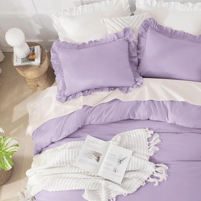Andency Oversized King Ruffle Comforter Set 120x120, 3 Pieces Lavender Lightweight Fluffy Super King Bedding Set, Shabby Chic Famhouse All Season Bed Set for Girls Women