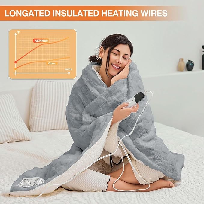 Electric Blanket, Heated Blanket with 6 Heat Levels & 10 Hours Auto Off, Soft Checked Flannel Fast Heating Blanket with ETL & FCC Certification (Gray, 62"X84")