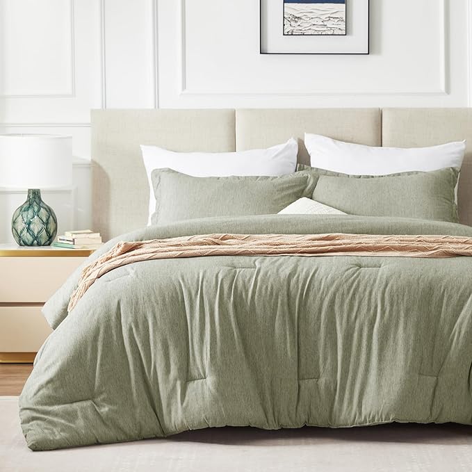 CozyLux King Size Comforter Set - 3 Pieces Olive Green Soft Luxury Cationic Dyeing Bedding Comforter for All Season, Breathable Lightweight Fluffy Boho Bed Sets with 1 Comforter and 2 Pillow Shams