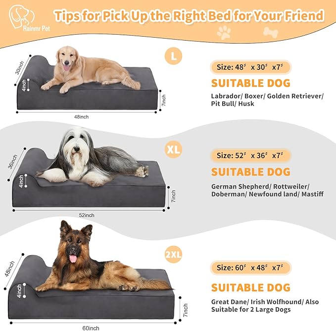 Orthopedic Dog Beds for Large Dogs, 7" Memory Foam Dog Beds with Waterproof Liner, Durable Microsuede Cover, Removable and Washable, Nonskid Bottom, 52"x36"x7" XL Grey