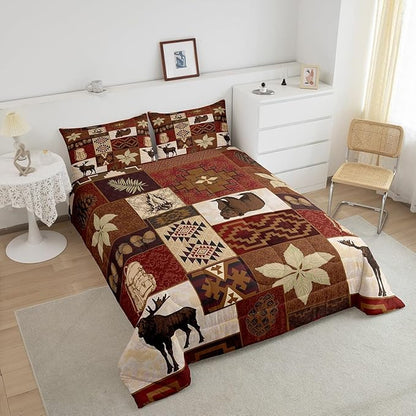 Buffalo Plaid Comforter Set Cabin Decor,Bear Elk Deer Wild Animal Bedding Sets Fall Leaves Pine Cones Duvet Insert Wildlife Hunting Theme Quilt Patchwork Bohemian Floral Down Comforter,Twin 2Pcs