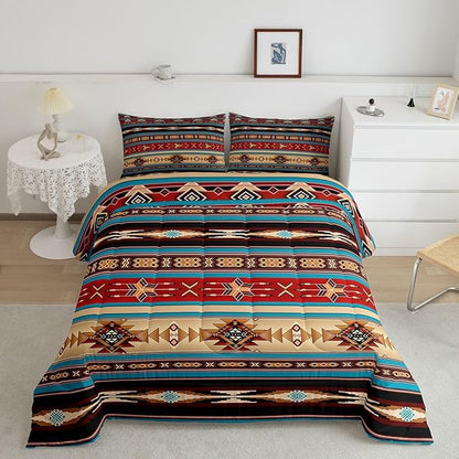 Aztec Bedding Set Ethnic Tribal Arrow Queen Comforter Set,Vintage Southwestern Native Bohemian Quilt,Western Star Duvet Insert Exotic Geometric Diamond Stripes Room Decor,Red Blue Dark Brown