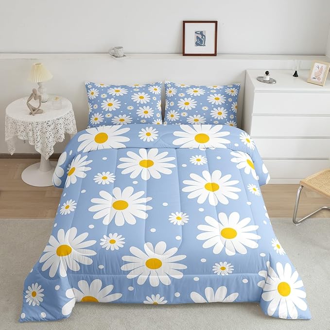 Erosebridal Blue Daisy Full Bedding Set for Girls,Cute Cartoon Flower Comforter Set Rustic Daisy Floral Comforter Watercolor Flowers Duvet Insert for Kids Teen Adults Room Decor