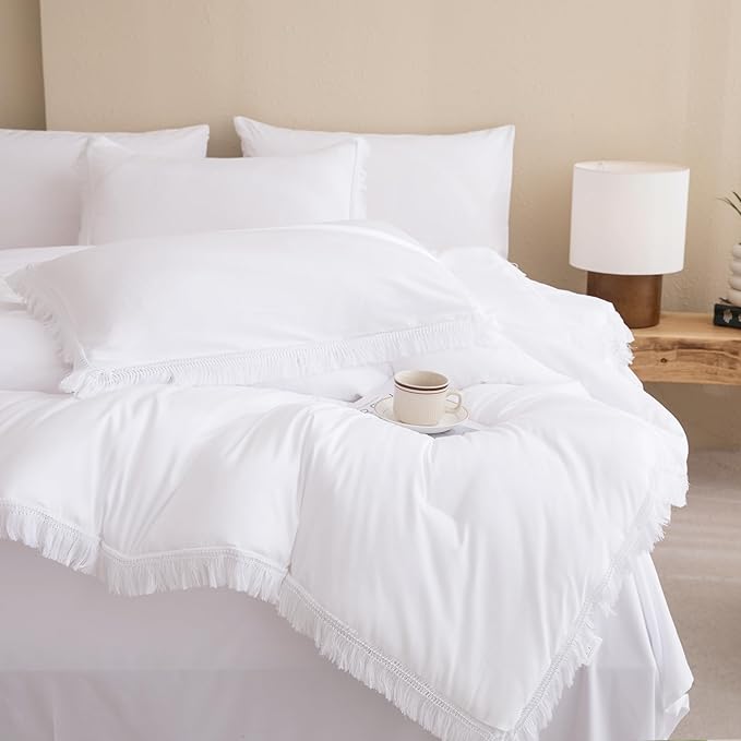 Andency Queen Comforter Set with Sheets White -7 Pieces Boho Tassel Bed in a Bag Soft Lightweight Bedding Sets, All Season Fringe Bed Set with Comforter, Sheets, Pillowcases & Shams