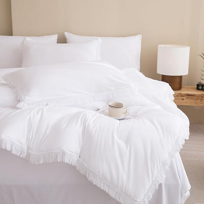 Andency Queen Comforter Set with Sheets White -7 Pieces Boho Tassel Bed in a Bag Soft Lightweight Bedding Sets, All Season Fringe Bed Set with Comforter, Sheets, Pillowcases & Shams
