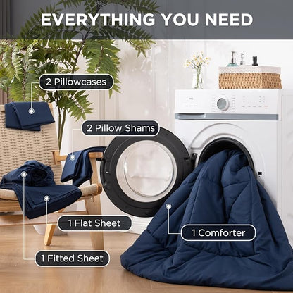 7 Pieces Queen Comforter Set - Utral Soft Microfiber Bedding Set, Thick Duvet Insert Bed in a Bag Without Rustling Noise for All Season, Navy (88"x88")