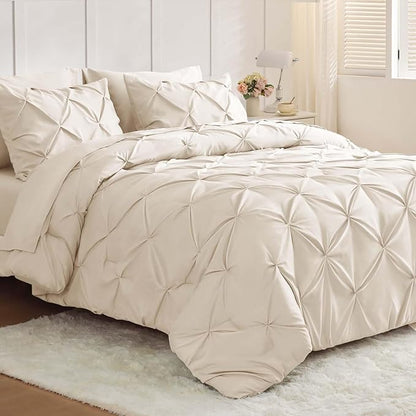 JOLLYVOGUE King Size Comforter Set 7 Pieces - Bed in a Bag King for All Season, Pintuck Bedding Comforter Sets with Comforter, Flat Sheet, Fitted Sheet and Pillowcases & Shams, Beige
