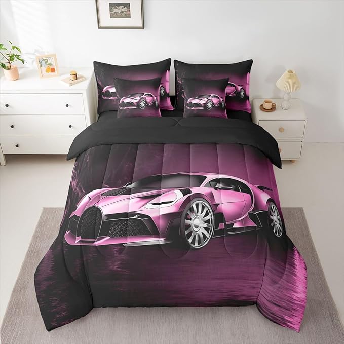 Feelyou Sports Car 7 Piece Bedding Set Pink Race Car Comforter Set with Sheets Kids Boys Girls Extreme Sports Theme Bed in a Bag Cool Speed Luxury Car Decor Bed Set with 2 Pillowcases Full Size