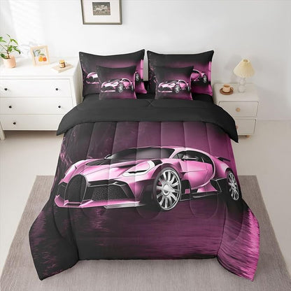 Feelyou Sports Car 7 Piece Bedding Set Pink Race Car Comforter Set with Sheets Kids Boys Girls Extreme Sports Theme Bed in a Bag Cool Speed Luxury Car Decor Bed Set with 2 Pillowcases Full Size