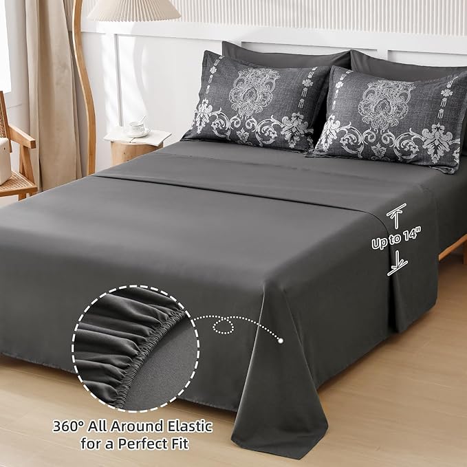 Mybedsoul 7 Pieces Grey Comforter Set King Size, Damask Bed in a Bag for King Bed, Lightweight Microfiber Boho Bedding Sets with Comforter, Sheet, Pillowcases & Shams for All Season (90"x104")